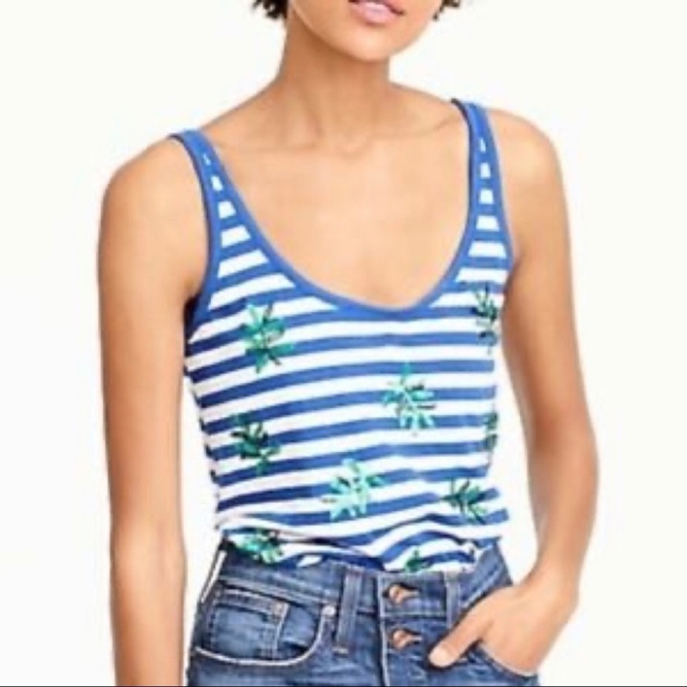 NWOT J.‎ Crew blue stripe sequins palm leafs tank top